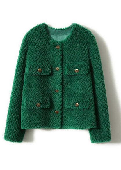 Green O-neck Button Woolen Coat Long Sleeve