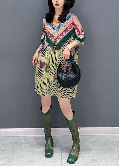 Green O Neck Print Patchwork Cotton Mid Dresses Summer