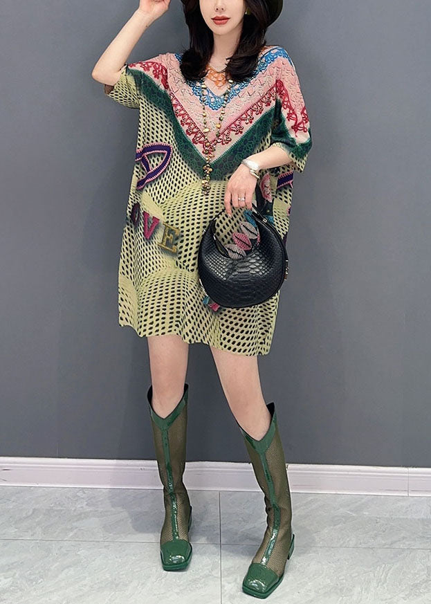 Green O Neck Print Patchwork Cotton Mid Dresses Summer