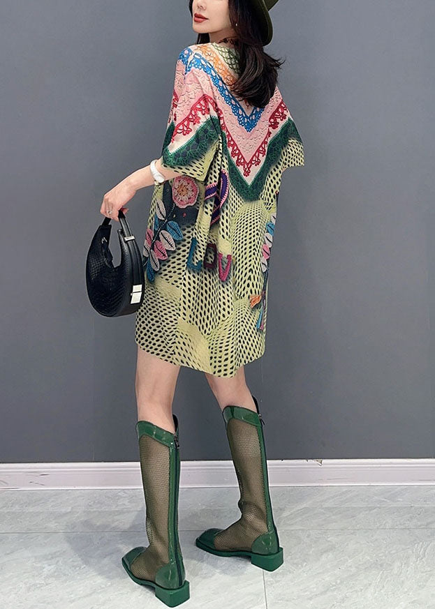 Green O Neck Print Patchwork Cotton Mid Dresses Summer
