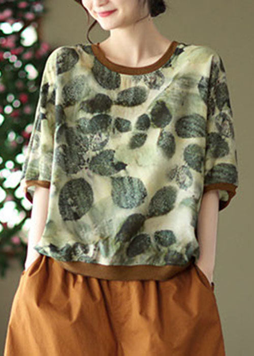 Green O-neck Print Patchwork Linen Top Half Sleeve