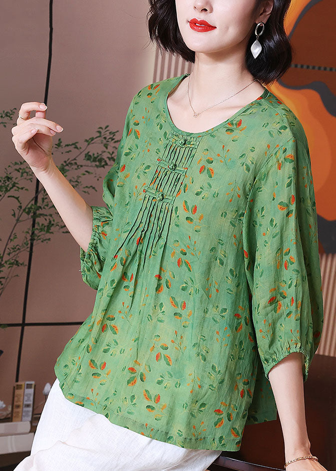 Green O Neck Print Wrinkled Patchwork Linen T Shirt Tops Summer