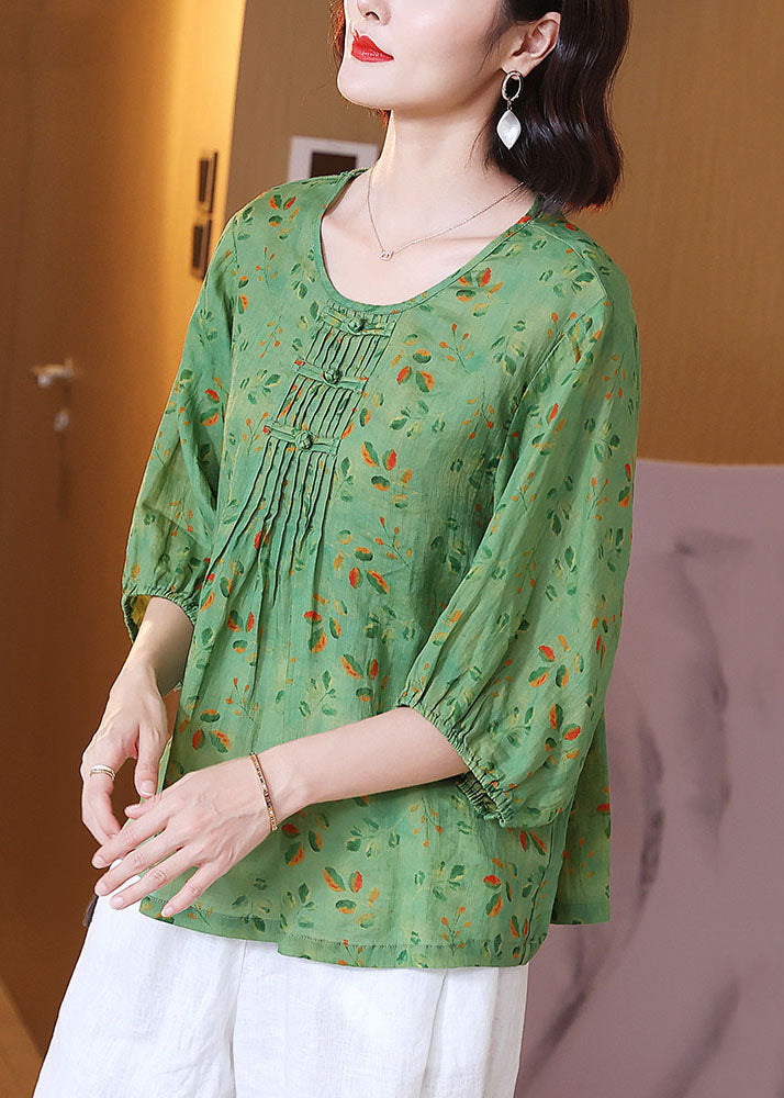 Green O Neck Print Wrinkled Patchwork Linen T Shirt Tops Summer