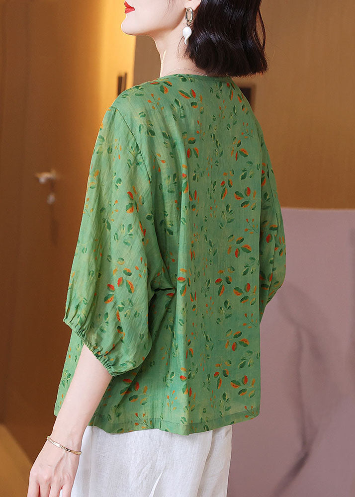 Green O Neck Print Wrinkled Patchwork Linen T Shirt Tops Summer