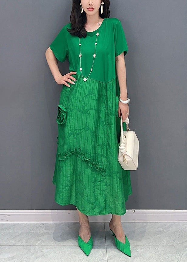 Green O Neck Ruffled Patchwork Cotton Dresses Summer