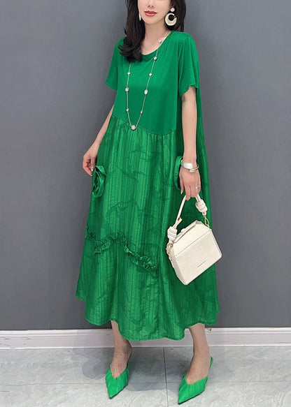 Green O Neck Ruffled Patchwork Cotton Dresses Summer