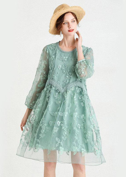 Green O-neck Tulle a Line Fall Lace Long Sleeve Mid Dress