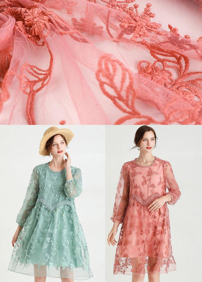Green O-neck Tulle a Line Fall Lace Long Sleeve Mid Dress