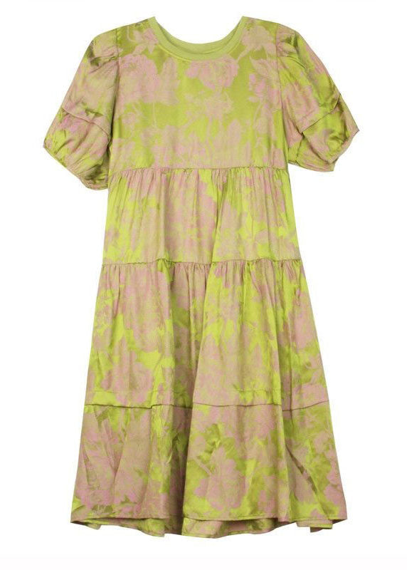 Green O Neck Wrinkled Patchwork Print Silk Dress Summer