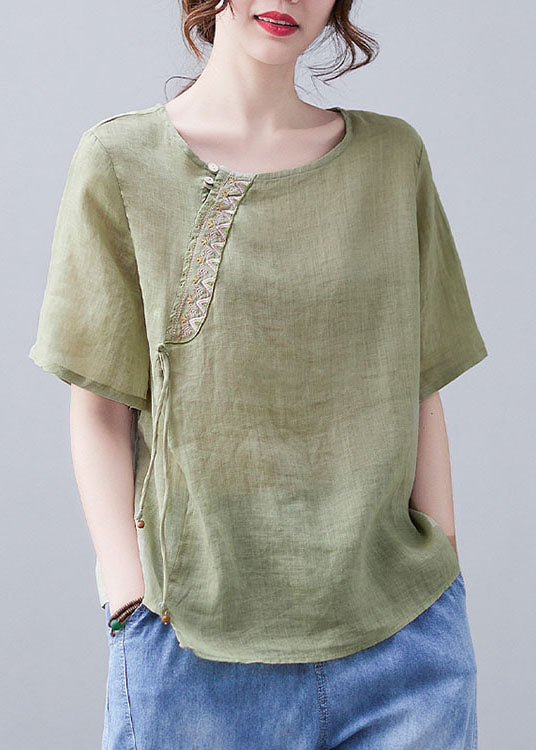Green O-neck Embroidery Shirt Short Sleeve