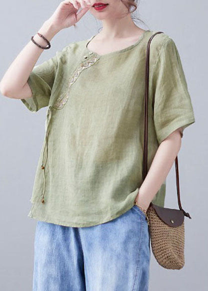 Green O-neck Embroidery Shirt Short Sleeve