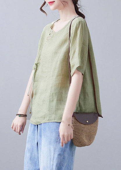 Green O-neck Embroidery Shirt Short Sleeve