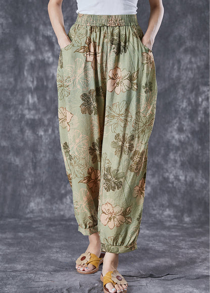 Green Oversized Pockets Print Cotton Harem Pants Summer