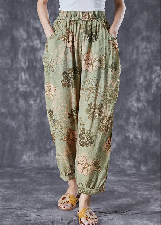 Green Oversized Pockets Print Cotton Harem Pants Summer