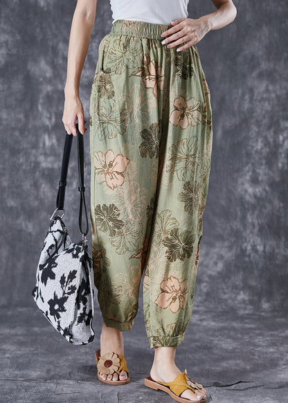 Green Oversized Pockets Print Cotton Harem Pants Summer