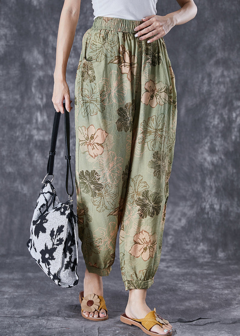 Green Oversized Pockets Print Cotton Harem Pants Summer