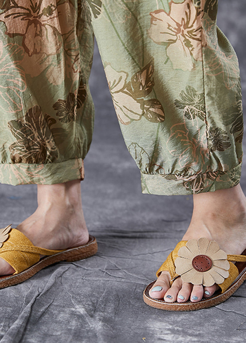 Green Oversized Pockets Print Cotton Harem Pants Summer