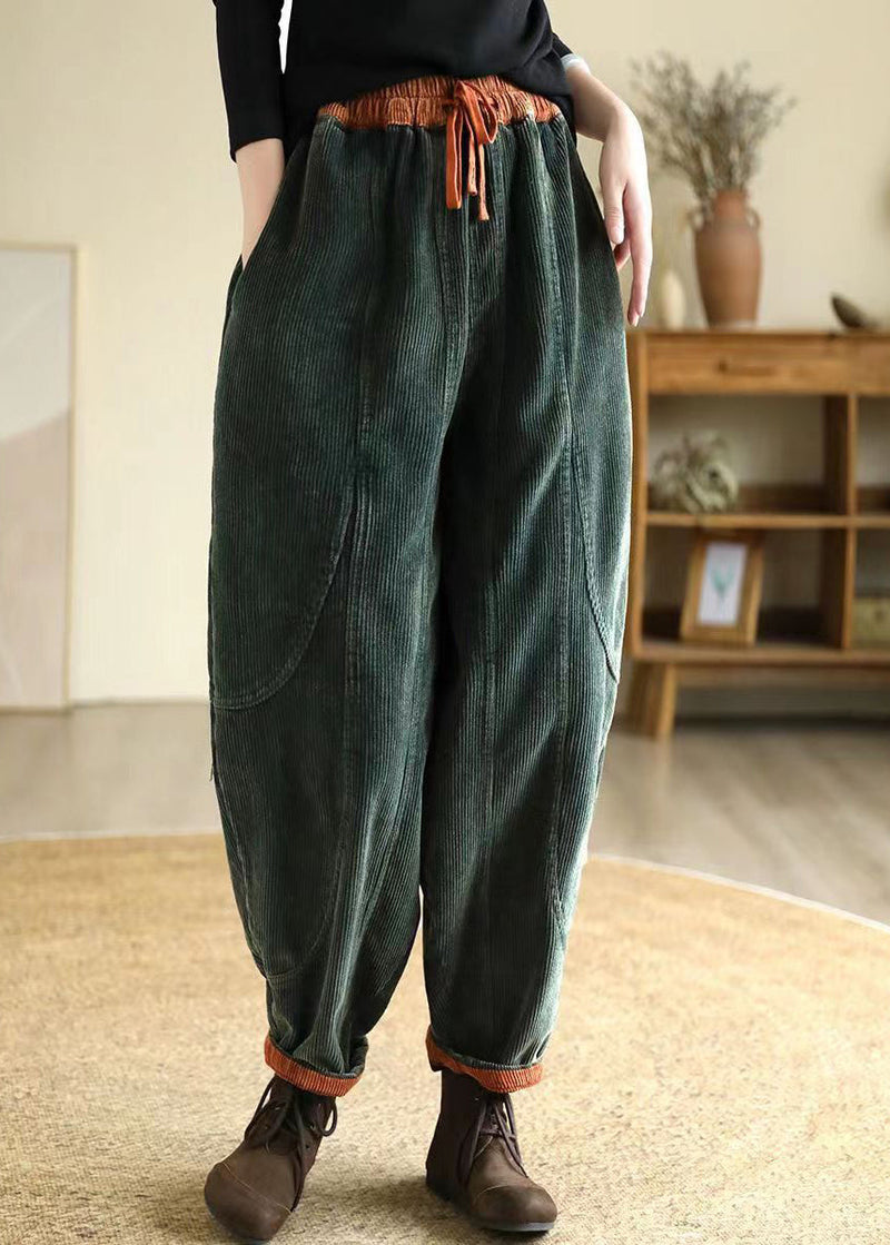Green Oversized Pockets Warm Fleece Corduroy Harem Pants Winter