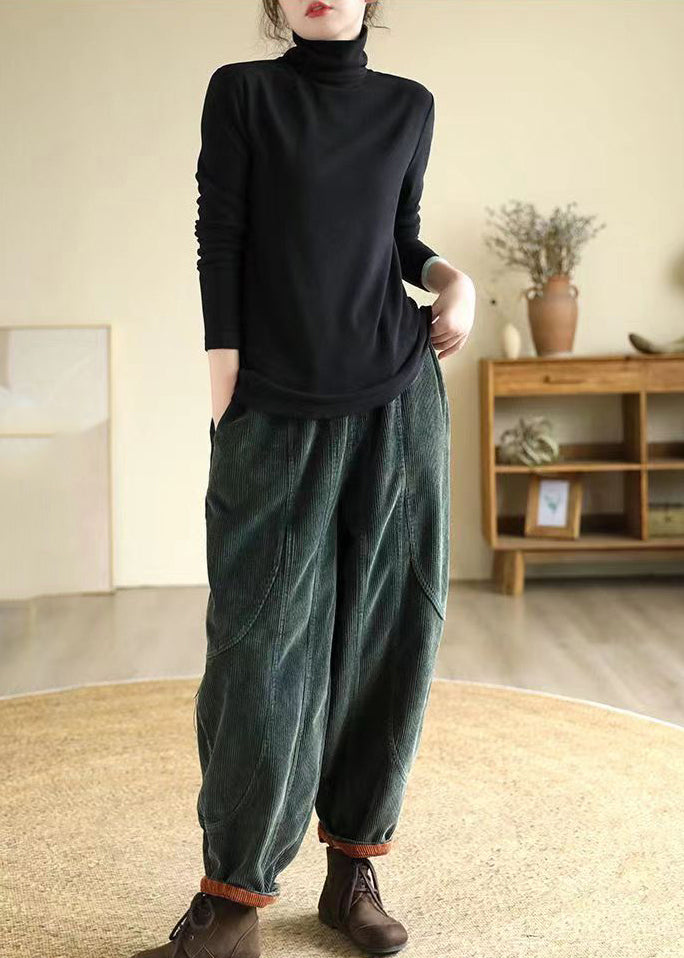 Green Oversized Pockets Warm Fleece Corduroy Harem Pants Winter