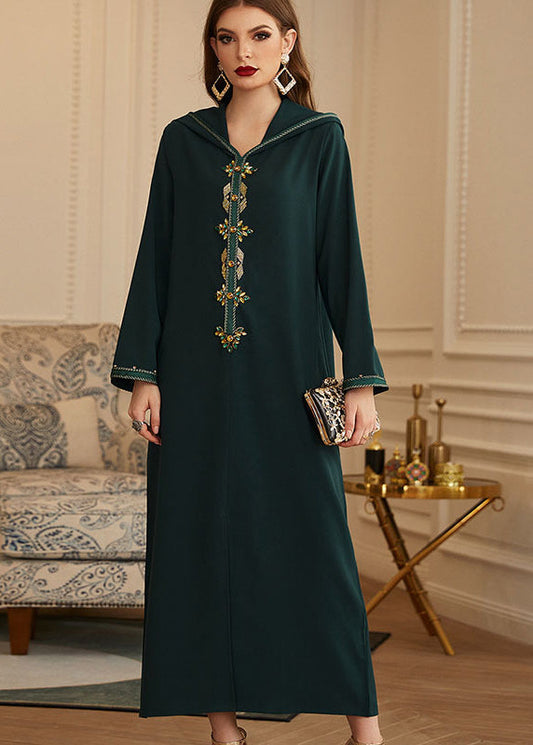 Green Patchwork Zircon Hooded Silk Long Dresses Long Sleeve