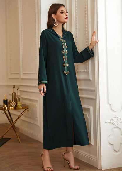 Green Patchwork Zircon Hooded Silk Long Dresses Long Sleeve