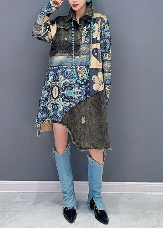 Green Peter Pan Collar Asymmetrical Print Vacation Mid Dresses Long Sleeve