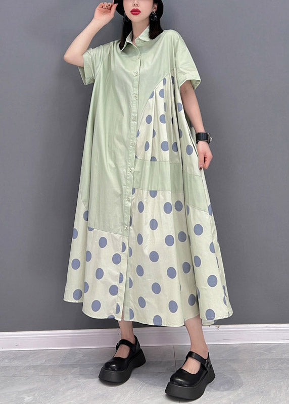 Green Peter Pan Collar Dot Patchwork Button Pockets Wrinkled Dress Half Sleeve