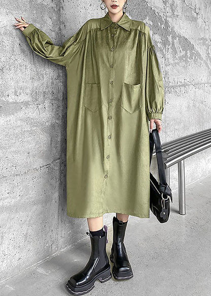 Green Peter Pan Collar Patchwork Cotton Shirt Dress Spring
