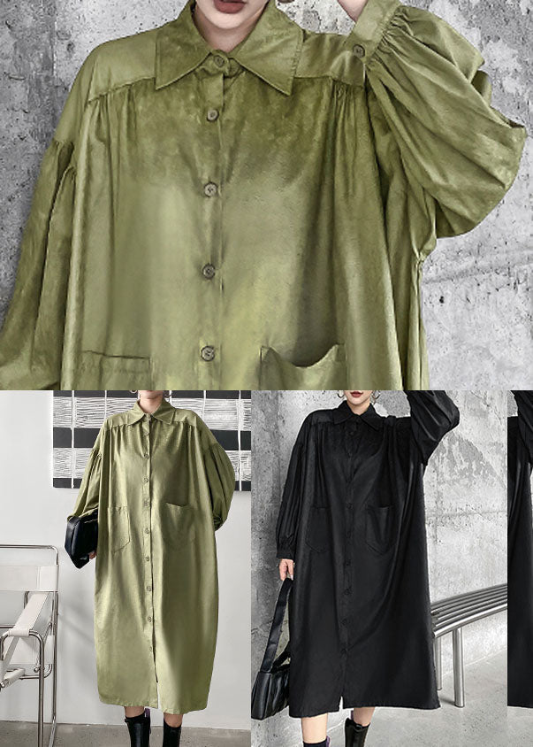 Green Peter Pan Collar Patchwork Cotton Shirt Dress Spring