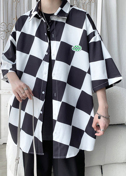 Green Peter Pan Collar Plaid Ice Silk Shirts Half Sleeve