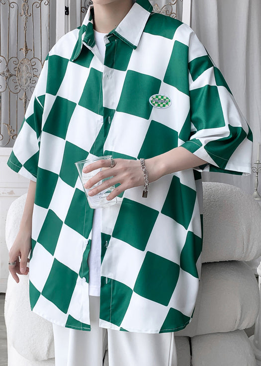 Green Peter Pan Collar Plaid Ice Silk Shirts Half Sleeve