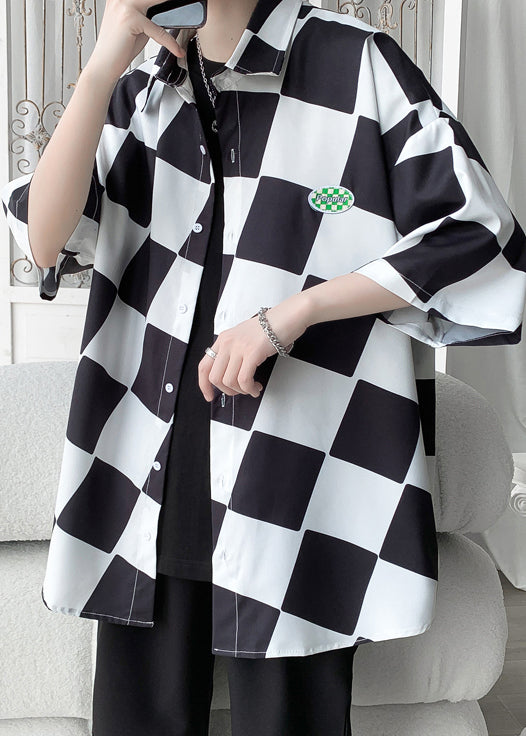 Green Peter Pan Collar Plaid Ice Silk Shirts Half Sleeve