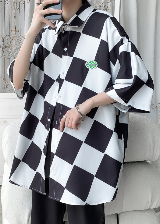 Green Peter Pan Collar Plaid Ice Silk Shirts Half Sleeve