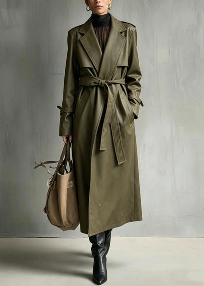 Green Peter Pan Collar Pockets Faux Leather Trench Fall