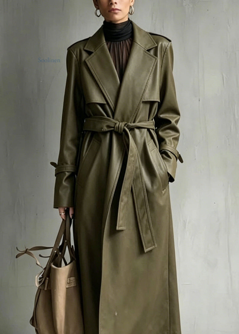 Green Peter Pan Collar Pockets Faux Leather Trench Fall