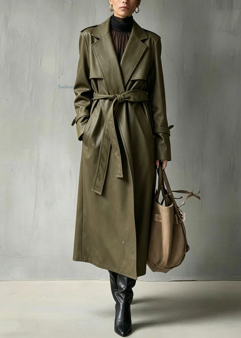 Green Peter Pan Collar Pockets Faux Leather Trench Fall