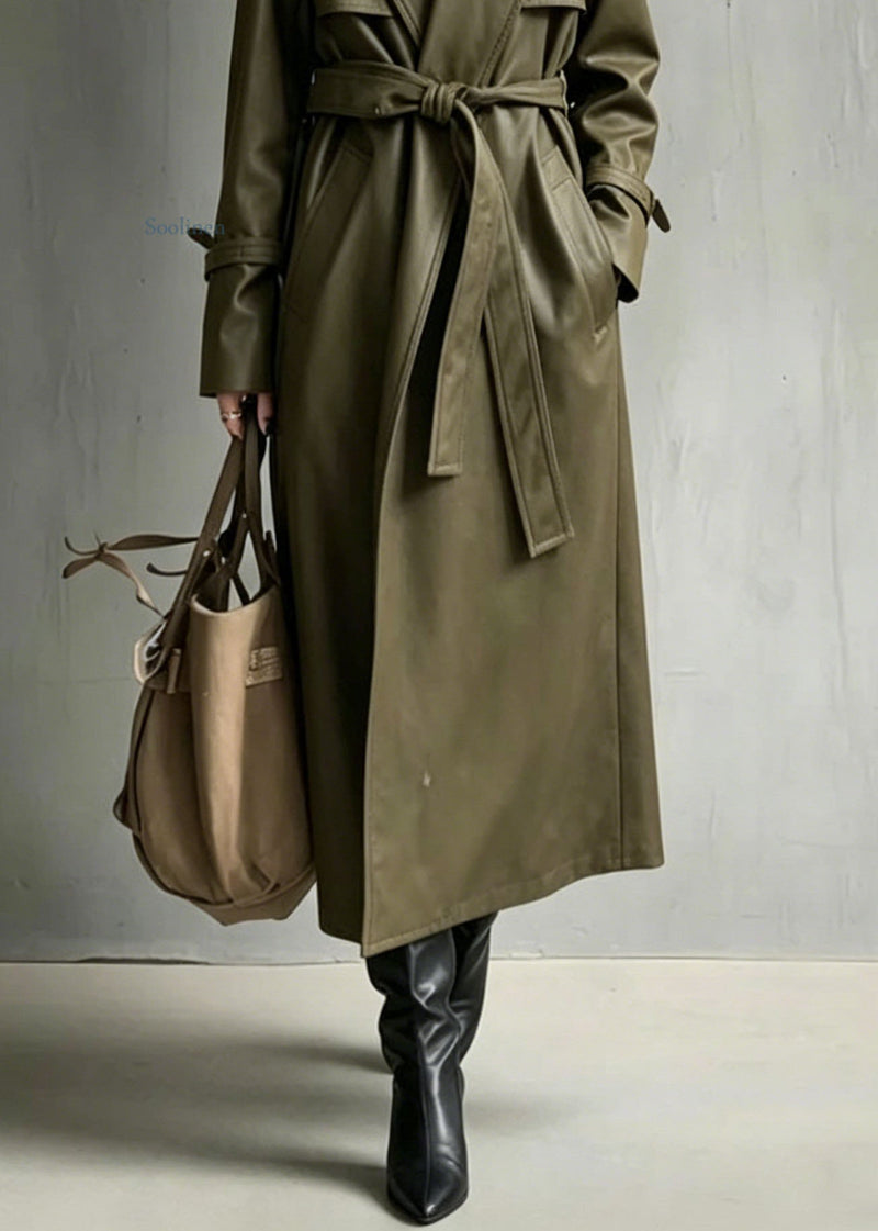 Green Peter Pan Collar Pockets Faux Leather Trench Fall