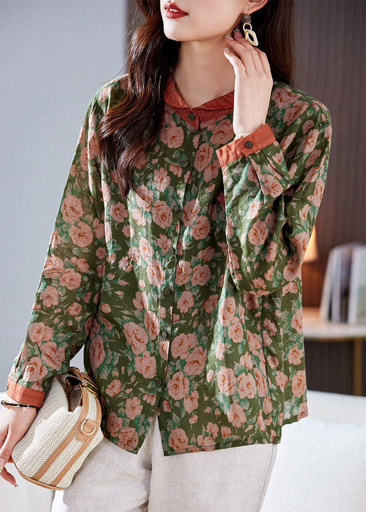 Green Peter Pan Collar Print Patchwork Linen Shirt Top Long Sleeve