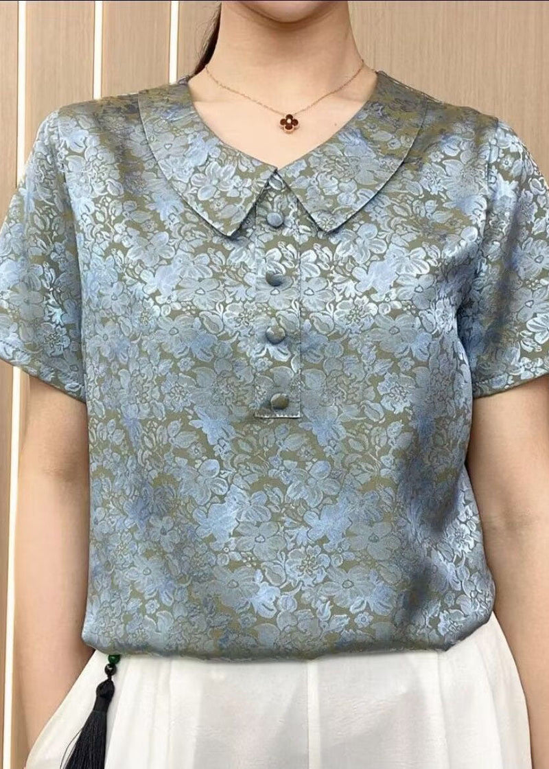 Green Peter Pan Collar Print Patchwork Silk T Shirt Summer
