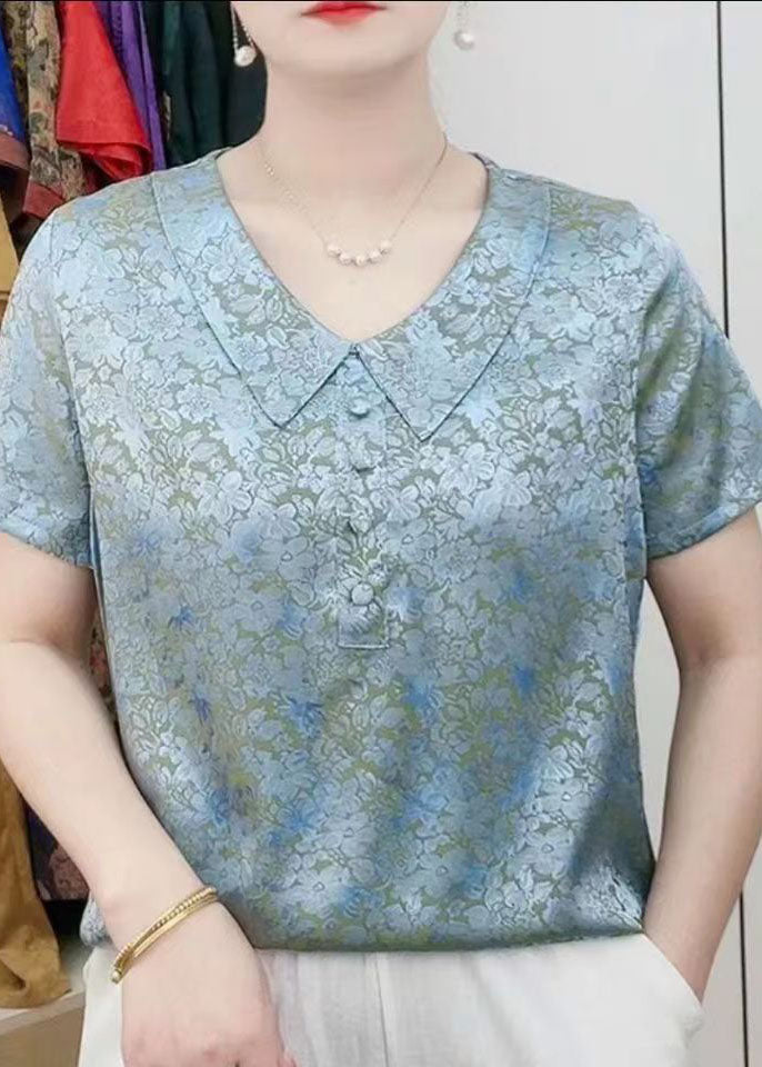 Green Peter Pan Collar Print Patchwork Silk T Shirt Summer
