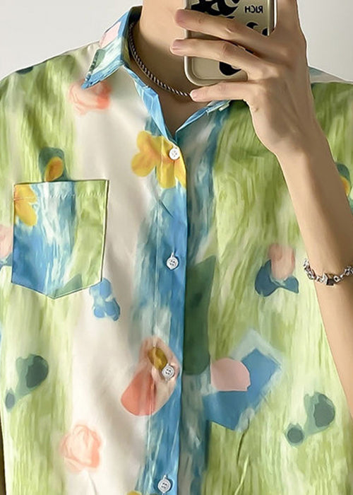 Green Peter Pan Collar Print Pockets Cotton Shirts Summer
