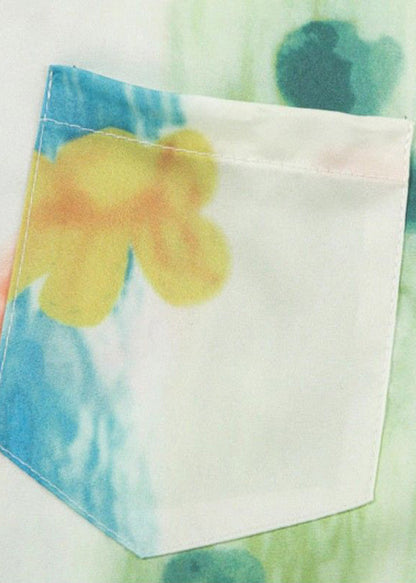 Green Peter Pan Collar Print Pockets Cotton Shirts Summer