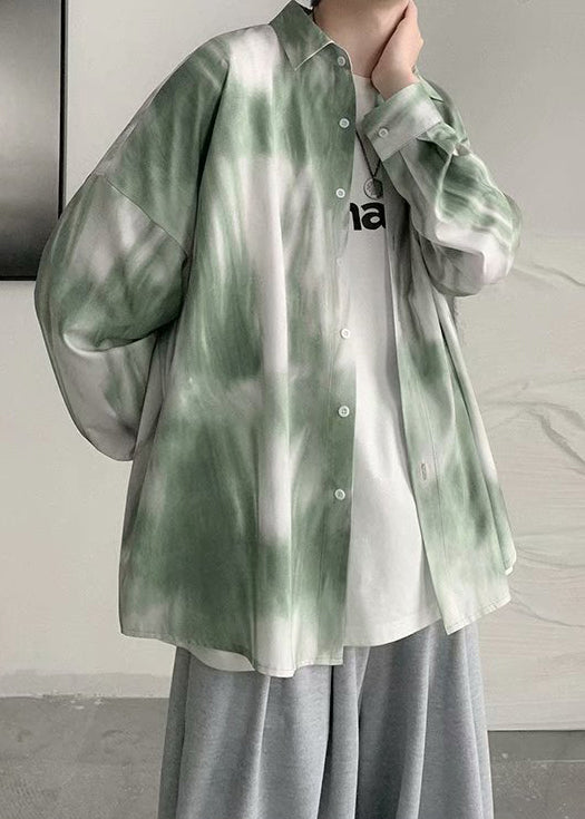 Green Peter Pan Collar Tie Dye Cotton Shirts Spring