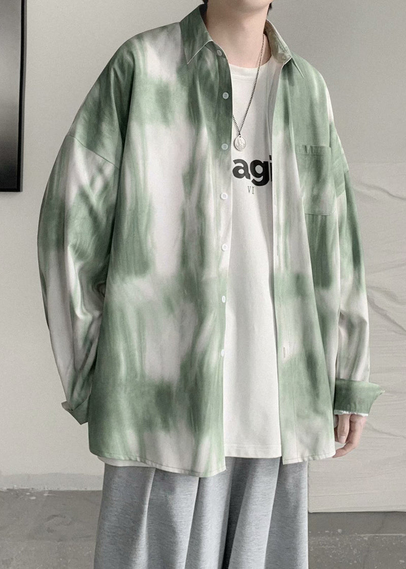 Green Peter Pan Collar Tie Dye Cotton Shirts Spring
