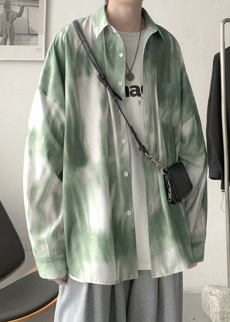 Green Peter Pan Collar Tie Dye Cotton Shirts Spring