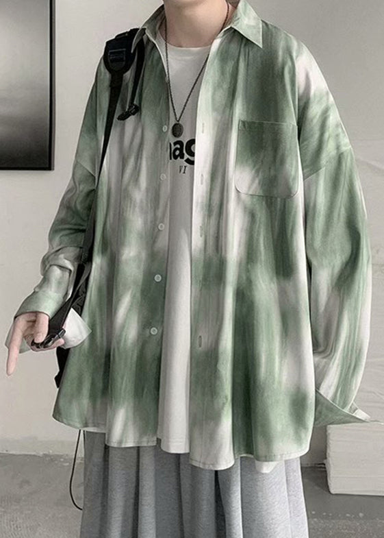 Green Peter Pan Collar Tie Dye Cotton Shirts Spring