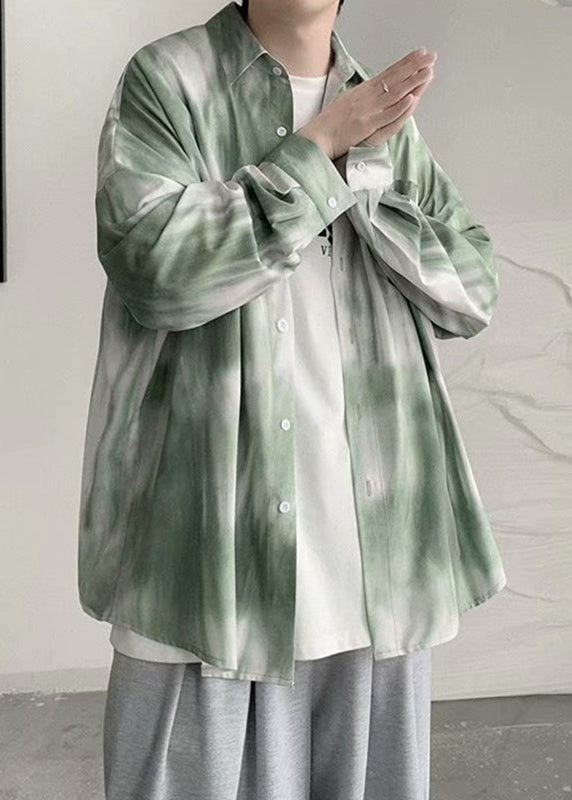 Green Peter Pan Collar Tie Dye Cotton Shirts Spring