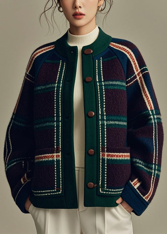 Green Plaid Button Patchwork Woolen Coats Winter