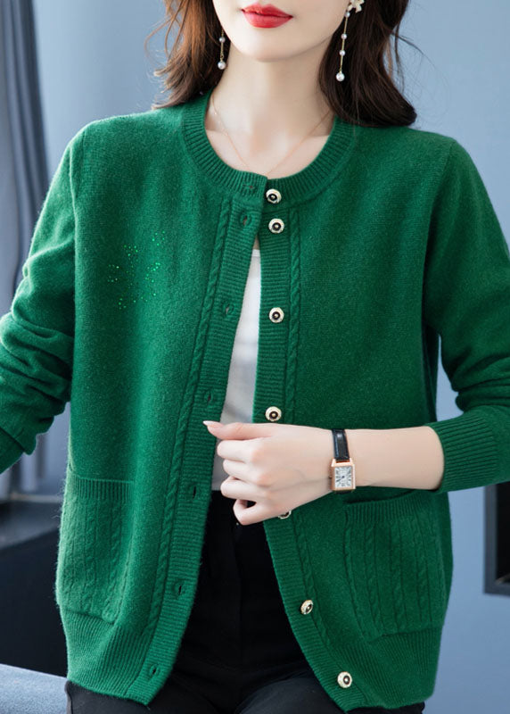 Green Pockets Button Patchwork Thick Wool Loose Coat Fall