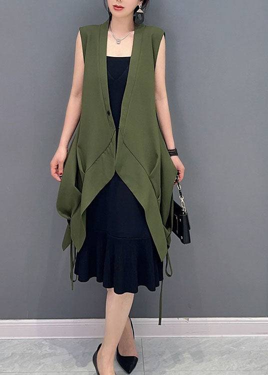 Green Pockets Cinched Patchwork Cotton Vest Sleeveless